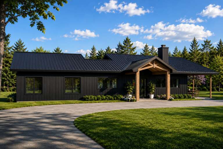 Black Modern Farmhouse, Angled Front Elevation, vertical siding, metal roof, timber porch, concrete drive, landscaping. House Plan # 5032-00482 Digital Rendering by America's Best House Plans, Inc.