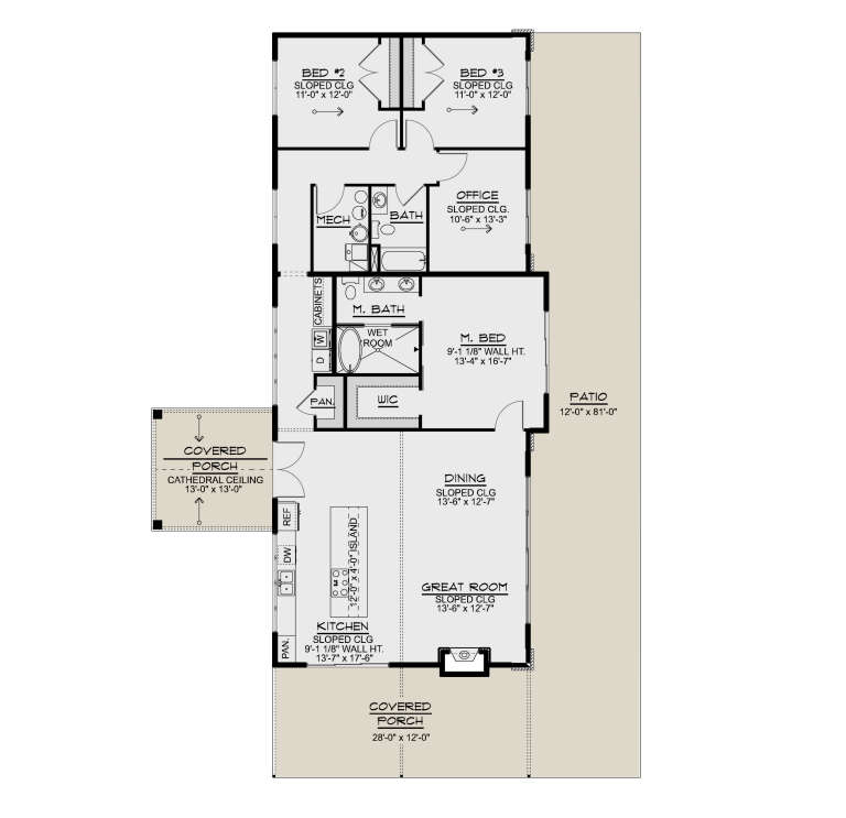 Main Floor: 3BR, 2BA, Great Rm, Kitchen, Dining, Office, WIC, Pantry, Mech. Sloped/Cathedral ceilings, 2 Covered Porches, Patio. House Plan # 5032-00482 Main Floor Floor Plan Drawing by America's Best House Plans, Inc.
