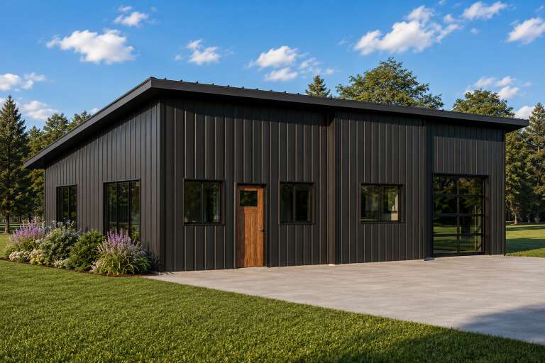 Black Modern Traditional, Angled Front Elevation, metal siding, wood door, glass garage door, concrete pad, landscaping. House Plan # 5032-00483 Digital Rendering by America's Best House Plans, Inc.