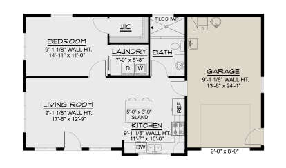 Main Floor: 1BR, 1BA, Living Room, Kitchen with island, Ldry, WIC, 1-car garage. 9'1" wall height. Unheated: garage area. House Plan # 5032-00483 Main Floor Floor Plan Drawing by America's Best House Plans, Inc.