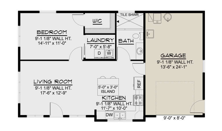 Main Floor: 1BR, 1BA, Living Room, Kitchen with island, Ldry, WIC, 1-car garage. 9'1" wall height. Unheated: garage area. House Plan # 5032-00483 Main Floor Floor Plan Drawing by America's Best House Plans, Inc.