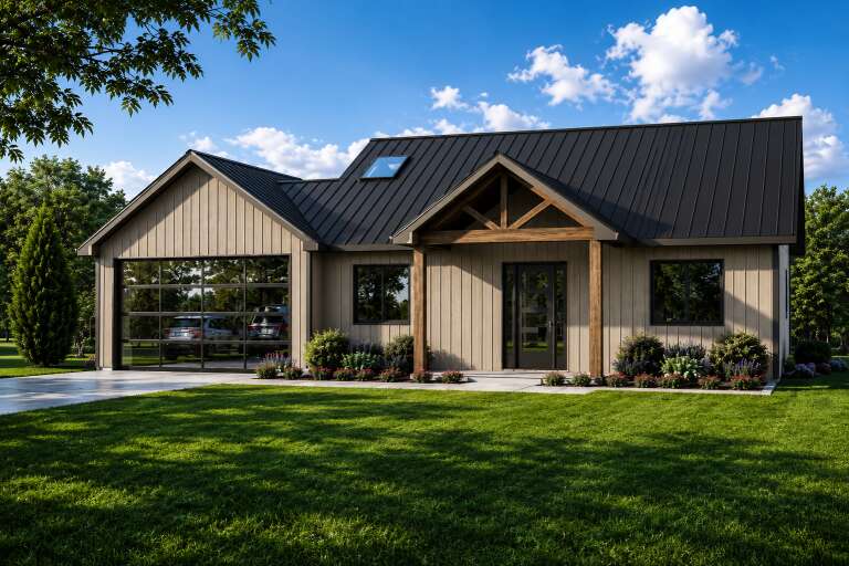 Tan Modern Farmhouse, Angled Front Elevation, vertical siding, metal roof, glass garage door, timber porch, landscaping. House Plan # 5032-00484 Digital Rendering by America's Best House Plans, Inc.