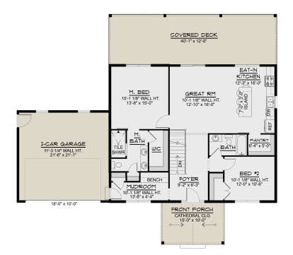 Main Floor: 2BR, 2BA, Great Rm, Eat-in Kitchen, Foyer, Mudroom, Pantry, WIC, 2-car garage, stairs, covered deck, porch. House Plan # 5032-00484 Main Floor Floor Plan Drawing by America's Best House Plans, Inc.