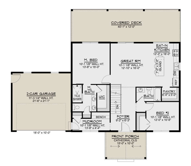 Main Floor: 2BR, 2BA, Great Rm, Eat-in Kitchen, Foyer, Mudroom, Pantry, WIC, 2-car garage, stairs, covered deck, porch. House Plan # 5032-00484 Main Floor Floor Plan Drawing by America's Best House Plans, Inc.