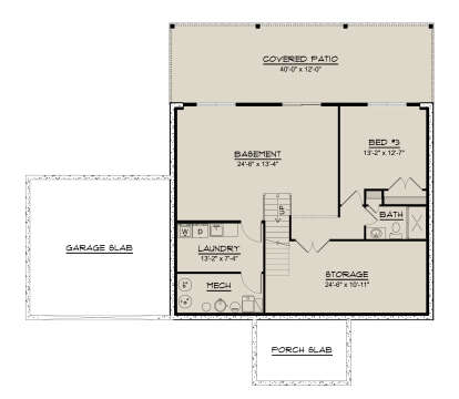 Basement: 1BR, 1BA, Rec room, Ldry, Mech, Storage, stairs. Unheated: Garage slab, Porch slab, Covered patio. House Plan # 5032-00484 Basement Floor Plan Drawing by America's Best House Plans, Inc.