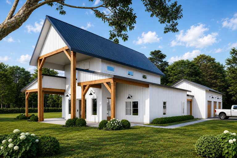 White Barndominium, Angled Front Elevation, board-and-batten siding, metal roof, timber beams, gooseneck lights, lawn. House Plan # 3822-00012 Digital Rendering by America's Best House Plans, Inc.