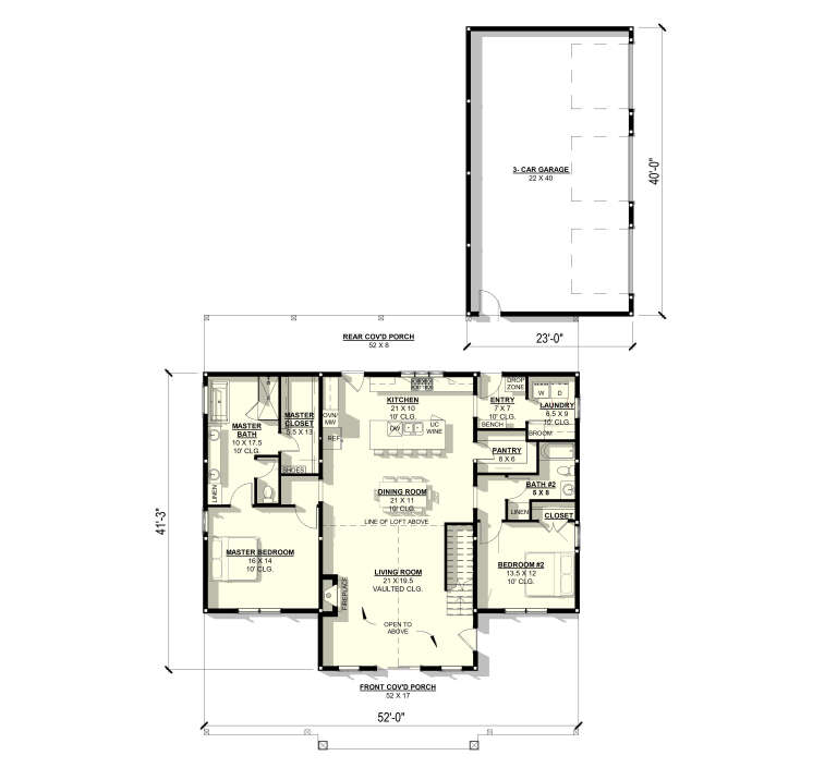 Main Floor: 2BR, 2BA, Kitchen, Dining, Vaulted Living, Fireplace, Pantry, Ldry, 3-car garage, 2 Cov'd Porches, 10' ceilings. House Plan # 3822-00012 Main Floor  Floor Plan Drawing by America's Best House Plans, Inc.