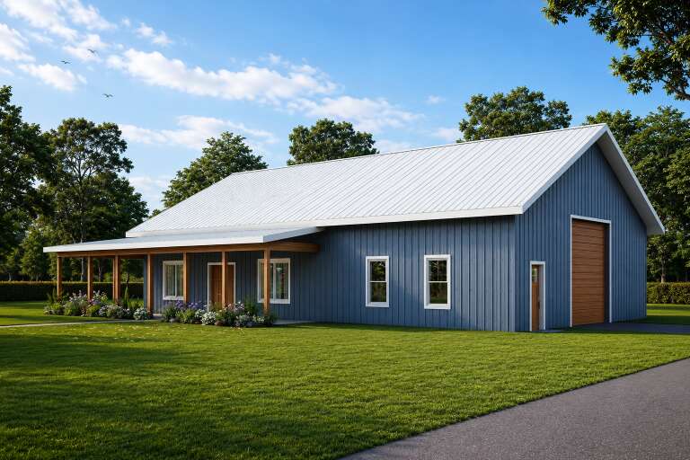 Blue Barndominium, Angled Front Elevation, metal siding, white roof, wood porch posts, garage door, and lush landscaping. House Plan # 3822-00013 Digital Rendering by America's Best House Plans, Inc.