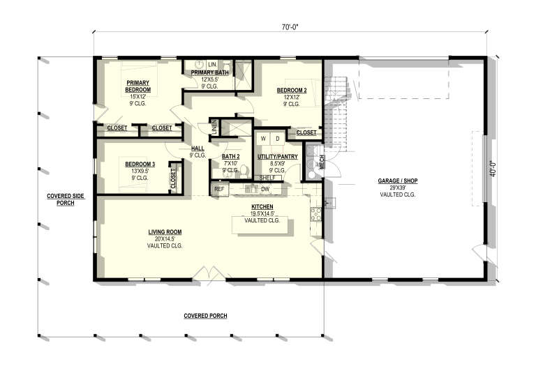 Main Floor: 3BR, 2BA, Vaulted Living/Kitchen, Ldry/Pantry, 2 Porches, Stairs, 3-car Garage/Shop. 9' ceilings. House Plan # 3822-00013 Main Floor  Floor Plan Drawing by America's Best House Plans, Inc.
