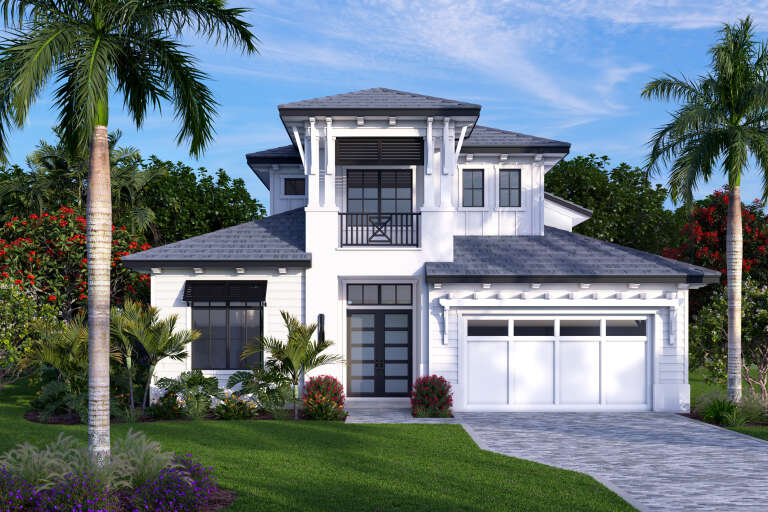 White Contemporary, Front Elevation with lap siding, dark tile roof, black accents, tropical landscaping, paver driveway. House Plan # 207-00162 Digital Rendering by America's Best House Plans, Inc.