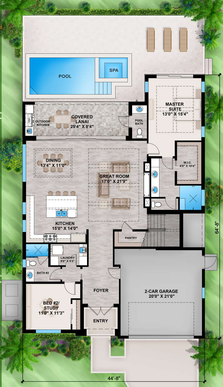 Main Floor: 2BR, 2.5BA, Great Room, Kitchen, Dining, Ldry, Pantry, 2-car garage, Covered Lanai, Pool, Spa, WIC. Unheated: Pool. House Plan # 207-00162 Main Floor  Floor Plan Drawing by America's Best House Plans, Inc.