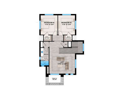 Second Floor: 2 BR, 1 BA, Loft, 2 WIC, stairs, open to below. House Plan # 207-00162 Second Floor Floor Plan Drawing by America's Best House Plans, Inc.