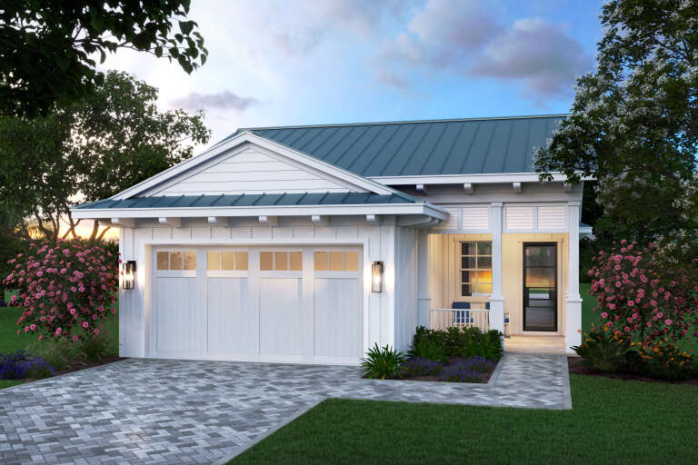 White Cottage, Angled Front Elevation, metal roof, board-and-batten siding, paver driveway, lantern lights, pink bushes. House Plan # 207-00163 Digital Rendering by America's Best House Plans, Inc.