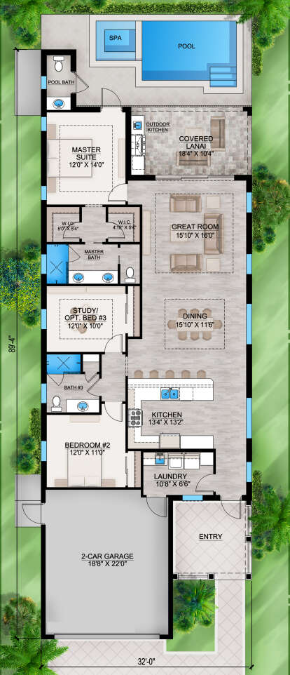 Main Floor: 3BR, 3BA, Great Room, Dining, Kitchen, Ldry, 2-car garage, Covered Lanai, Outdoor Kitchen, Pool, Spa, 2 WICs. House Plan # 207-00163 Main Floor  Floor Plan Drawing by America's Best House Plans, Inc.