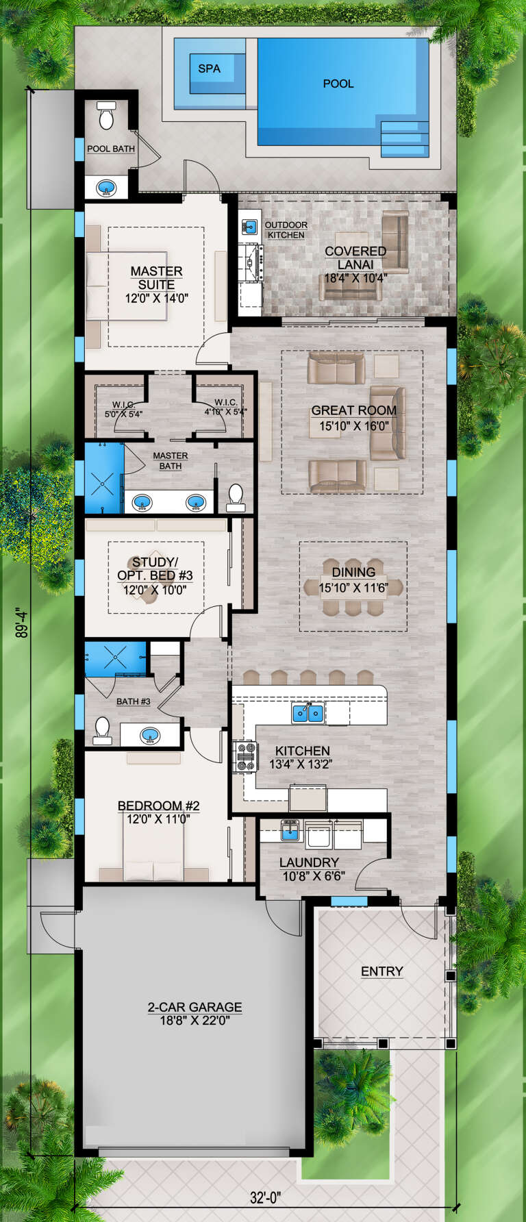 Main Floor: 3BR, 3BA, Great Room, Dining, Kitchen, Ldry, 2-car garage, Covered Lanai, Outdoor Kitchen, Pool, Spa, 2 WICs. House Plan # 207-00163 Main Floor  Floor Plan Drawing by America's Best House Plans, Inc.