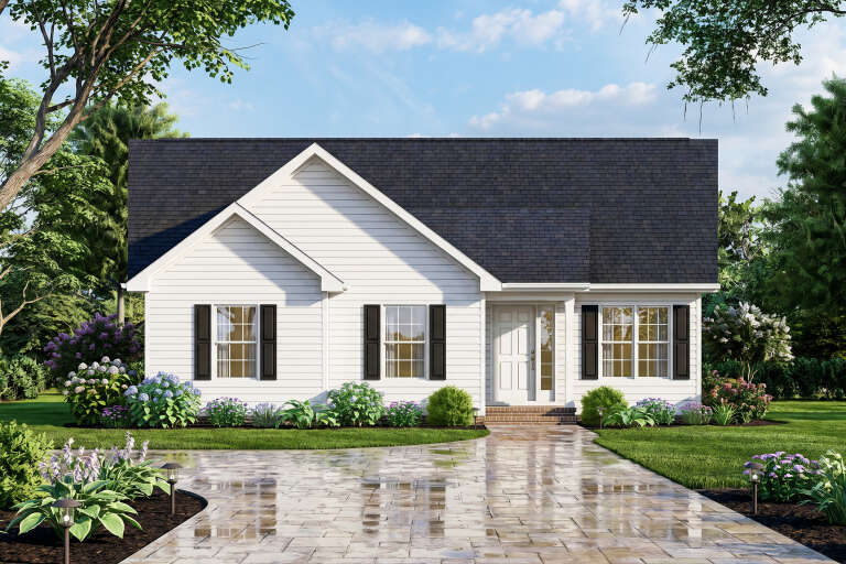 White Traditional Front Elevation, horizontal siding, black shutters, brick steps, stone walkway, and lush landscaping. House Plan # 699-00562 Digital Rendering by America's Best House Plans, Inc.