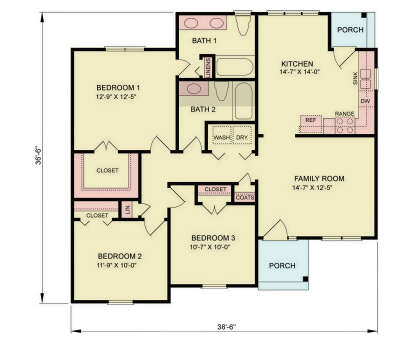 Main Floor: 3BR, 2BA, Family Room, Kitchen, Ldry, 3 Closets, 2 Linen closets, Coat closet, 2 Porches. Unheated: Porches. House Plan # 699-00562 Main Floor  Floor Plan Drawing by America's Best House Plans, Inc.