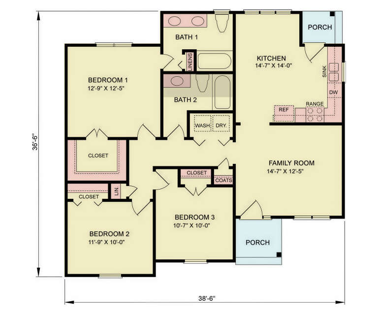 Main Floor: 3BR, 2BA, Family Room, Kitchen, Ldry, 3 Closets, 2 Linen closets, Coat closet, 2 Porches. Unheated: Porches. House Plan # 699-00562 Main Floor  Floor Plan Drawing by America's Best House Plans, Inc.