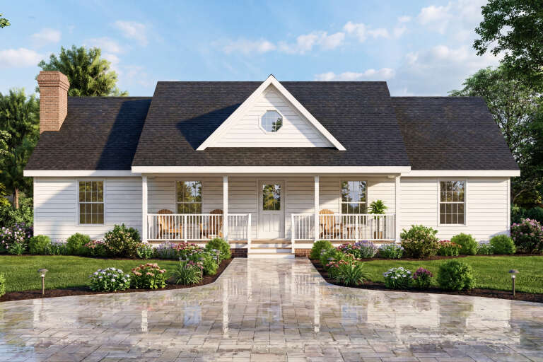 White Traditional, Front Elevation with lap siding, brick chimney, covered porch, paver walkway, and lush landscaping. House Plan # 699-00563 Digital Rendering by America's Best House Plans, Inc.