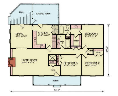 Main Floor: 3BR, 2BA, Living Room, Dining, Kitchen, Foyer, Ldry, Closets, Fireplace, Deck, Screened Porch, Front Porch. House Plan # 699-00563 Main Floor  Floor Plan Drawing by America's Best House Plans, Inc.
