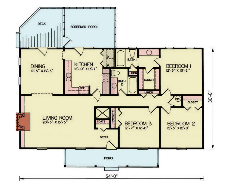 Main Floor: 3BR, 2BA, Living Room, Dining, Kitchen, Foyer, Ldry, Closets, Fireplace, Deck, Screened Porch, Front Porch. House Plan # 699-00563 Main Floor  Floor Plan Drawing by America's Best House Plans, Inc.