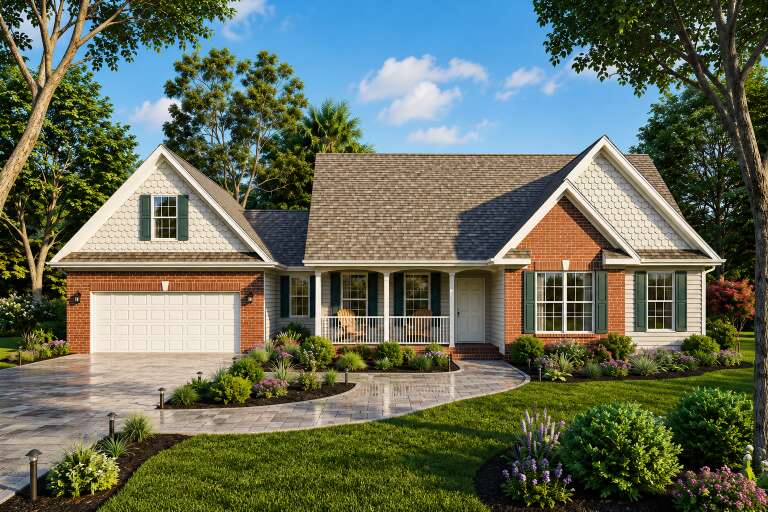 Red and beige Traditional, Front Elevation with brick, shake siding, green shutters, porch, and stone paver walkway. House Plan # 699-00564 Digital Rendering by America's Best House Plans, Inc.