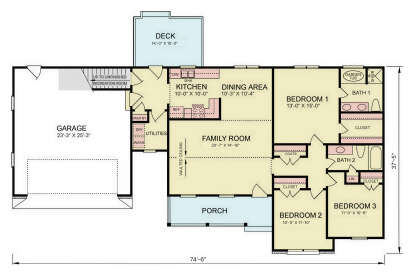Main Floor: 3BR, 2BA, Vaulted Family, Kitchen, Dining, Ldry, Pantry, 2-car garage, stairs, Deck, Porch. Unheated: garage/deck. House Plan # 699-00564 Main Floor  Floor Plan Drawing by America's Best House Plans, Inc.