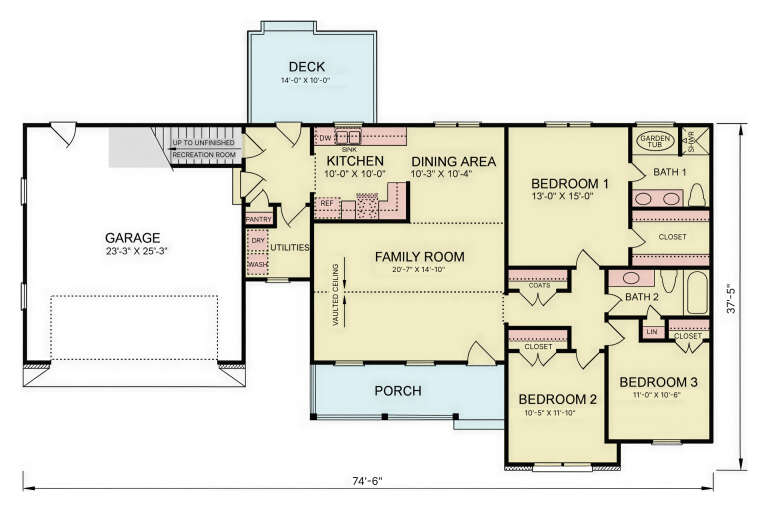 Main Floor: 3BR, 2BA, Vaulted Family, Kitchen, Dining, Ldry, Pantry, 2-car garage, stairs, Deck, Porch. Unheated: garage/deck. House Plan # 699-00564 Main Floor  Floor Plan Drawing by America's Best House Plans, Inc.