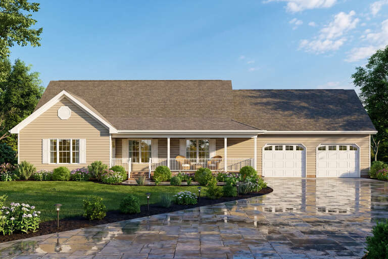 Tan Traditional, Front Elevation with lap siding, covered porch, white railings, paved driveway, and lush landscaping. House Plan # 699-00565 Digital Rendering by America's Best House Plans, Inc.