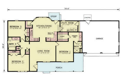 Main Floor: 3BR, 2BA, Living, Kitchen/Dining, Ldry, Garage, Porch, Stoop, Landing. WIC, Dressing area, Pantry, Linen closet. House Plan # 699-00565 Main Floor  Floor Plan Drawing by America's Best House Plans, Inc.
