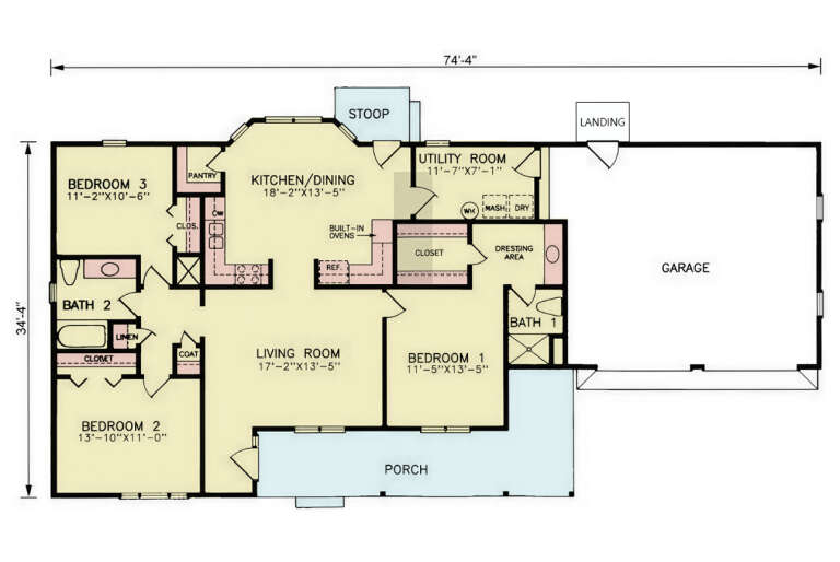 Main Floor: 3BR, 2BA, Living, Kitchen/Dining, Ldry, Garage, Porch, Stoop, Landing. WIC, Dressing area, Pantry, Linen closet. House Plan # 699-00565 Main Floor  Floor Plan Drawing by America's Best House Plans, Inc.