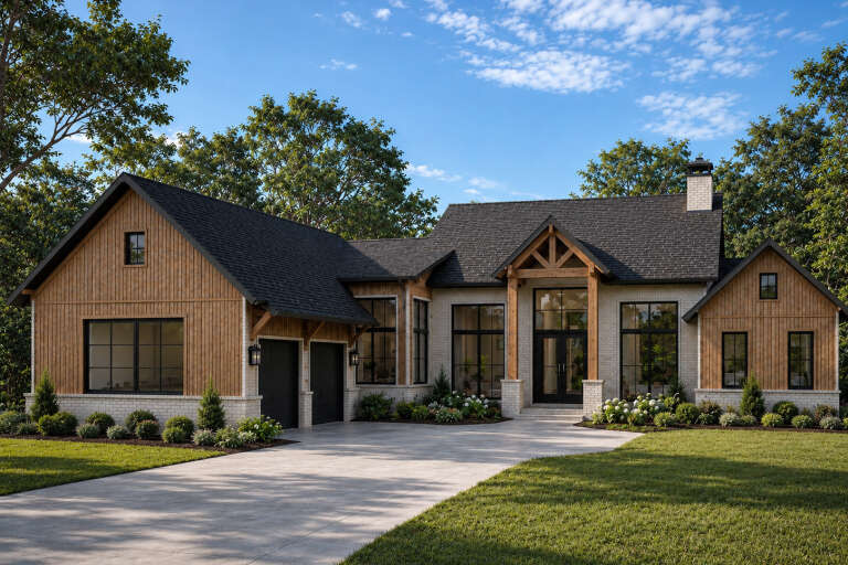 Tan Craftsman, Angled Front Elevation, vertical wood siding, white brick base, timber gables, black windows, landscaping. House Plan # 196-00016 Digital Rendering by America's Best House Plans, Inc.