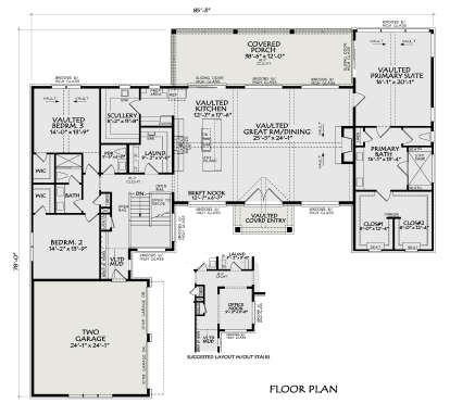 Main Floor: 3BR, 2.5BA, Vaulted Great Rm, Kitchen, Scullery, Brkfst, Office, 2-car garage, 2 WIC, Ldry, Mud, Covered Porch. House Plan # 196-00016 Main Floor  Floor Plan Drawing by America's Best House Plans, Inc.