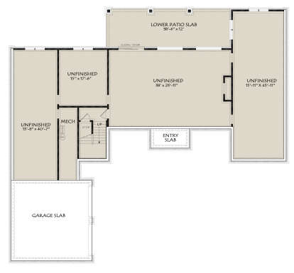 Basement: Large open unfinished space, Mech room, storage, stairs. Unheated: Garage slab, entry slab, lower patio slab. House Plan # 196-00016 Basement Floor Plan Drawing by America's Best House Plans, Inc.