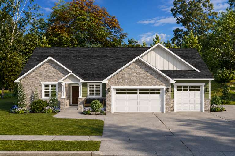 Grey Traditional Front Elevation, stone and green siding, white garage doors, black roof, porch bench, lush landscaping. House Plan # 2802-00573 Digital Rendering by America's Best House Plans, Inc.