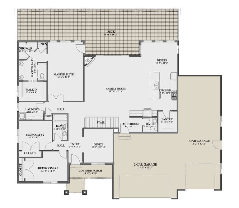 Main Floor: 3BR, 2.5BA, Family, Kitchen, Dining, Office, Ldry, Mud, Pantry, 3-car garage, Deck, Covered Porch, Fireplace, WIC. House Plan # 2802-00573 Main Floor  Floor Plan Drawing by America's Best House Plans, Inc.