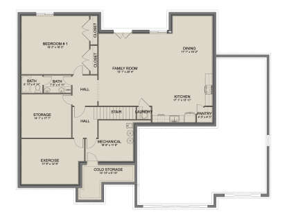 Basement: 1BR, 1BA, Family, Dining, Kitchen, Pantry, Ldry, Exercise, Mechanical, Storage, Cold Storage, 2 Closets, Stairs. House Plan # 2802-00573 Basement Floor Plan Drawing by America's Best House Plans, Inc.