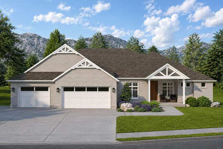 Grey Traditional Front Elevation, stone and green siding, white garage doors, black roof, porch bench, lush landscaping. House Plan # 2802-00574 Digital Rendering by America's Best House Plans, Inc.