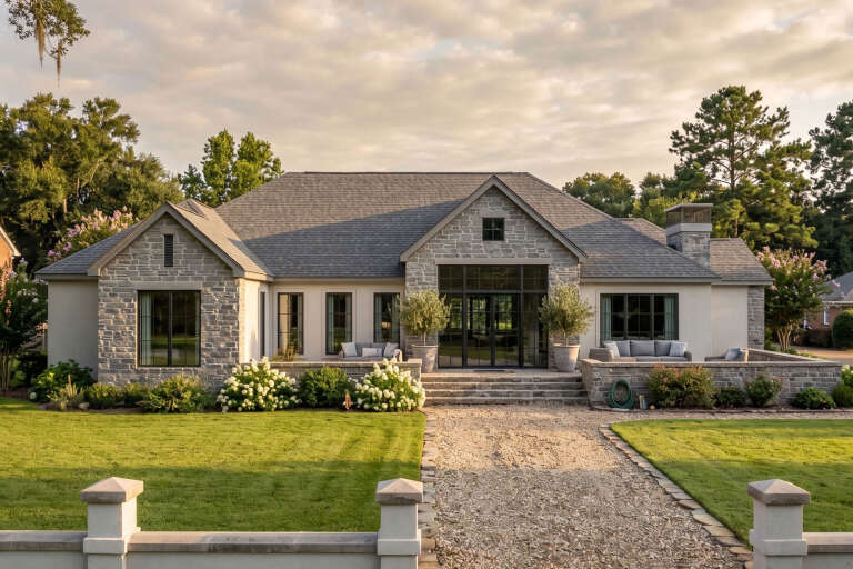 Grey European, Front Elevation with stone siding, stucco accents, black metal windows, stone patio, and gravel walkway. House Plan # 963-01325 Digital Rendering by America's Best House Plans, Inc.