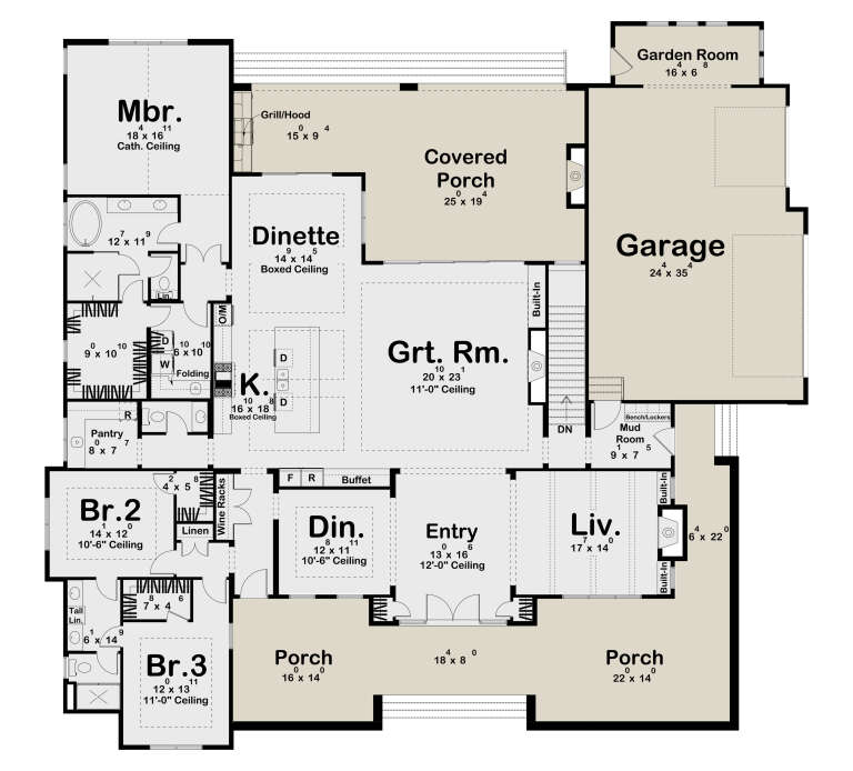 Main Floor: 3BR, 2.5BA, Grt Rm, Liv, Din, Kitchen, Dinette, Pantry, Mud, Ldry, 3-car garage, Garden Rm, 3 Porches, Cath/Boxed ceilings. House Plan # 963-01325 Main Floor  Floor Plan Drawing by America's Best House Plans, Inc.