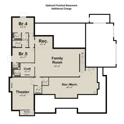 Basement: 2BR, 1BA, Family, Rec, Theater, Craft, Stor/Mech, 2 WIC, 2 storage closets, stairs. Unheated: Stor/Mech area. House Plan # 963-01325 Basement Floor Plan Drawing by America's Best House Plans, Inc.