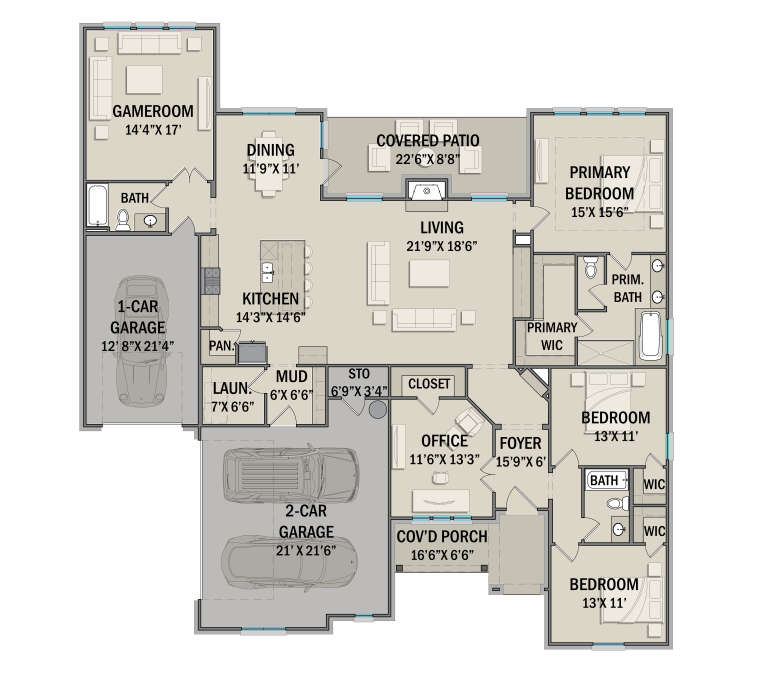 Main Floor: 3BR, 3BA, Living, Kitchen, Dining, Gameroom, Office, Ldry, Mud, 3-car garage, Covered Patio, Cov'd Porch, WICs. House Plan # 3571-00045 Main Floor  Floor Plan Drawing by America's Best House Plans, Inc.