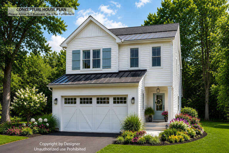 White Traditional, Angled Front Elevation, lap siding, metal roof, blue shutters, carriage garage, lush landscaping. House Plan # 098-00695 Digital Rendering by America's Best House Plans, Inc.