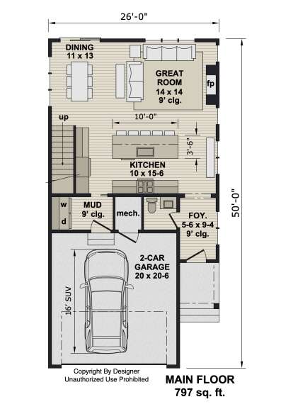 Main Floor: 0BR, 1BA, Kitchen, Dining, Great Room with FP, Foyer, Mud/Ldry, 2-car garage, 9' ceilings, stairs. Unheated: garage. House Plan # 098-00695 Main Floor  Floor Plan Drawing by America's Best House Plans, Inc.