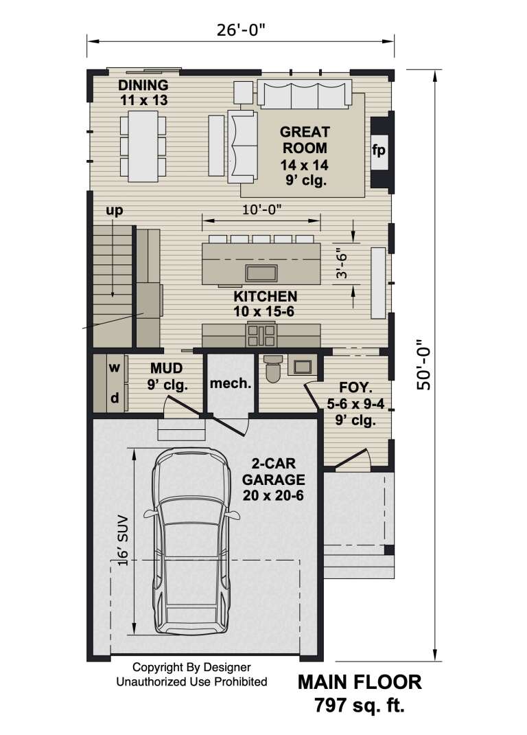 Main Floor: 0BR, 1BA, Kitchen, Dining, Great Room with FP, Foyer, Mud/Ldry, 2-car garage, 9' ceilings, stairs. Unheated: garage. House Plan # 098-00695 Main Floor  Floor Plan Drawing by America's Best House Plans, Inc.
