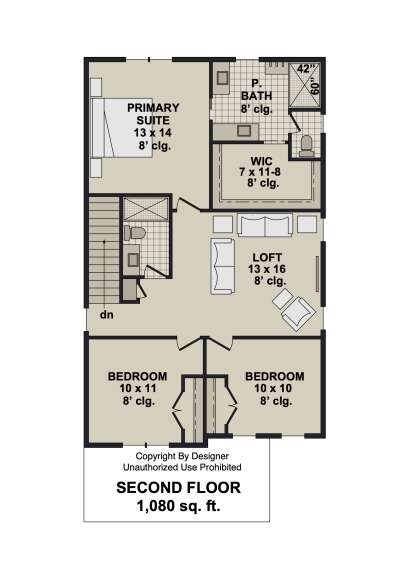 Second Floor: 3BR, 2BA, Loft, Primary Suite with WIC and P. Bath, stairs. All rooms 8' ceilings. 1,080 sq. ft. House Plan # 098-00695 Second Floor Floor Plan Drawing by America's Best House Plans, Inc.