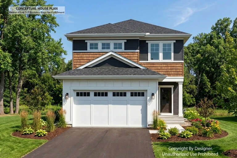Multi-tone Craftsman, Front Elevation, dark siding, cedar shakes, white garage, lantern lights, and lush landscaping. House Plan # 098-00696 Digital Rendering by America's Best House Plans, Inc.