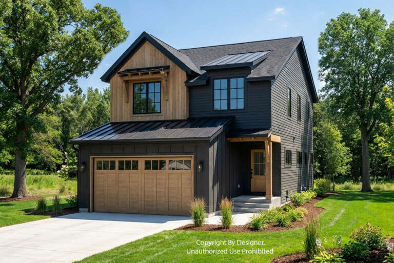 Black Modern Farmhouse, Angled Front Elevation, wood siding accents, metal roof, concrete driveway, and lush landscaping. House Plan # 098-00697 Digital Rendering by America's Best House Plans, Inc.