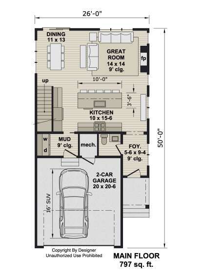 Main Floor: 0BR, 1BA, Great Room w/ FP, Kitchen, Dining, Mud, Mech, Foyer, 2-car garage, stairs. 9' ceilings. Unheated: garage. House Plan # 098-00697 Main Floor  Floor Plan Drawing by America's Best House Plans, Inc.
