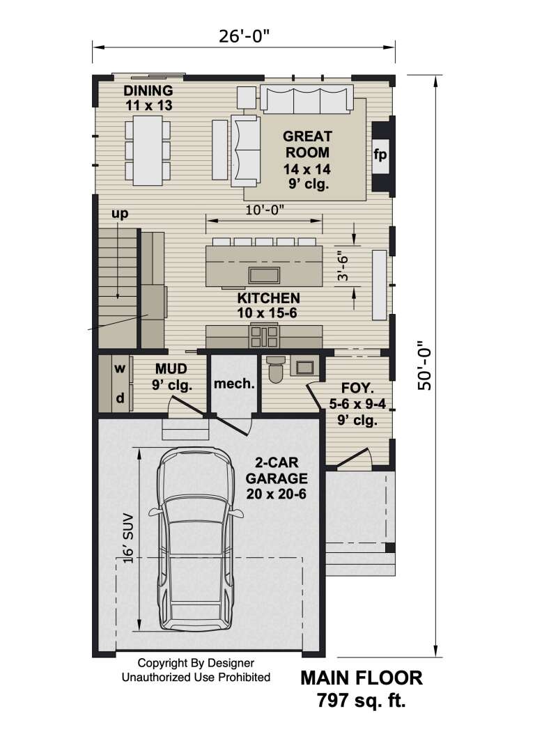 Main Floor: 0BR, 1BA, Great Room w/ FP, Kitchen, Dining, Mud, Mech, Foyer, 2-car garage, stairs. 9' ceilings. Unheated: garage. House Plan # 098-00697 Main Floor  Floor Plan Drawing by America's Best House Plans, Inc.